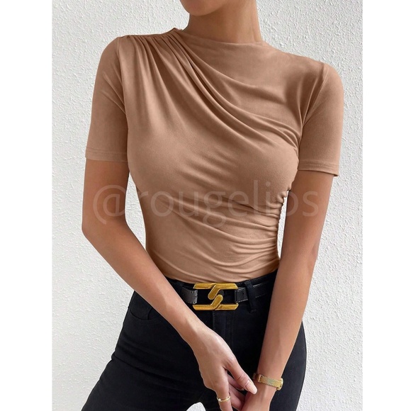 Ruched Tan Asymmetrical Short Sleeve Bodysuit  Stretchy - Picture 4 of 10